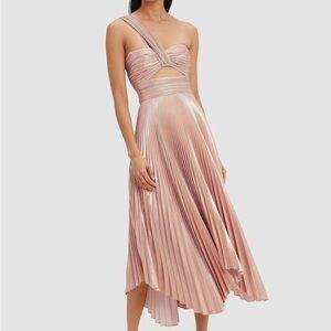 A.L.C. Women's Pink Rose Gold Aurora Pleated One Shoulder Midi Dress Size 2